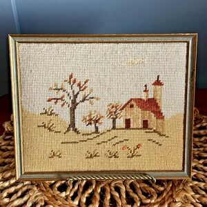 Vintage Framed Needlepoint European Village Scene | French Country Cottage Wall